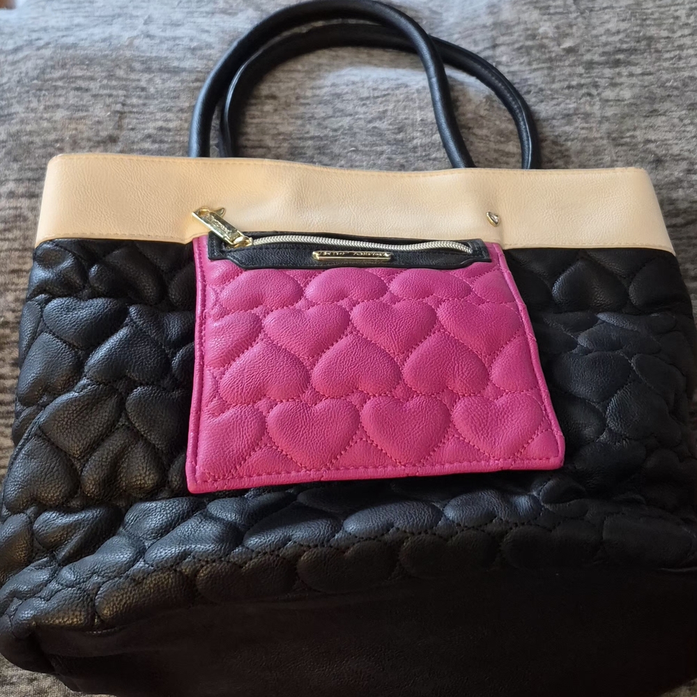 Betsey Johnson Black and Pink Heart Quilted Tote